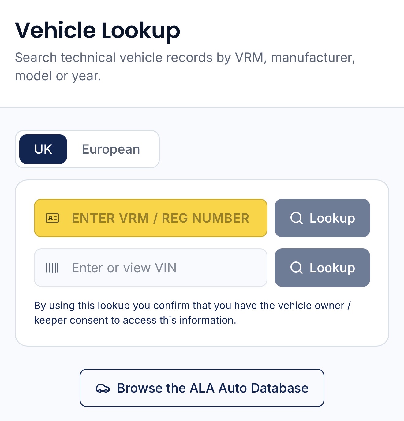ALA Members Portal Vehicle Lookup showing UK and European registration and VIN search options