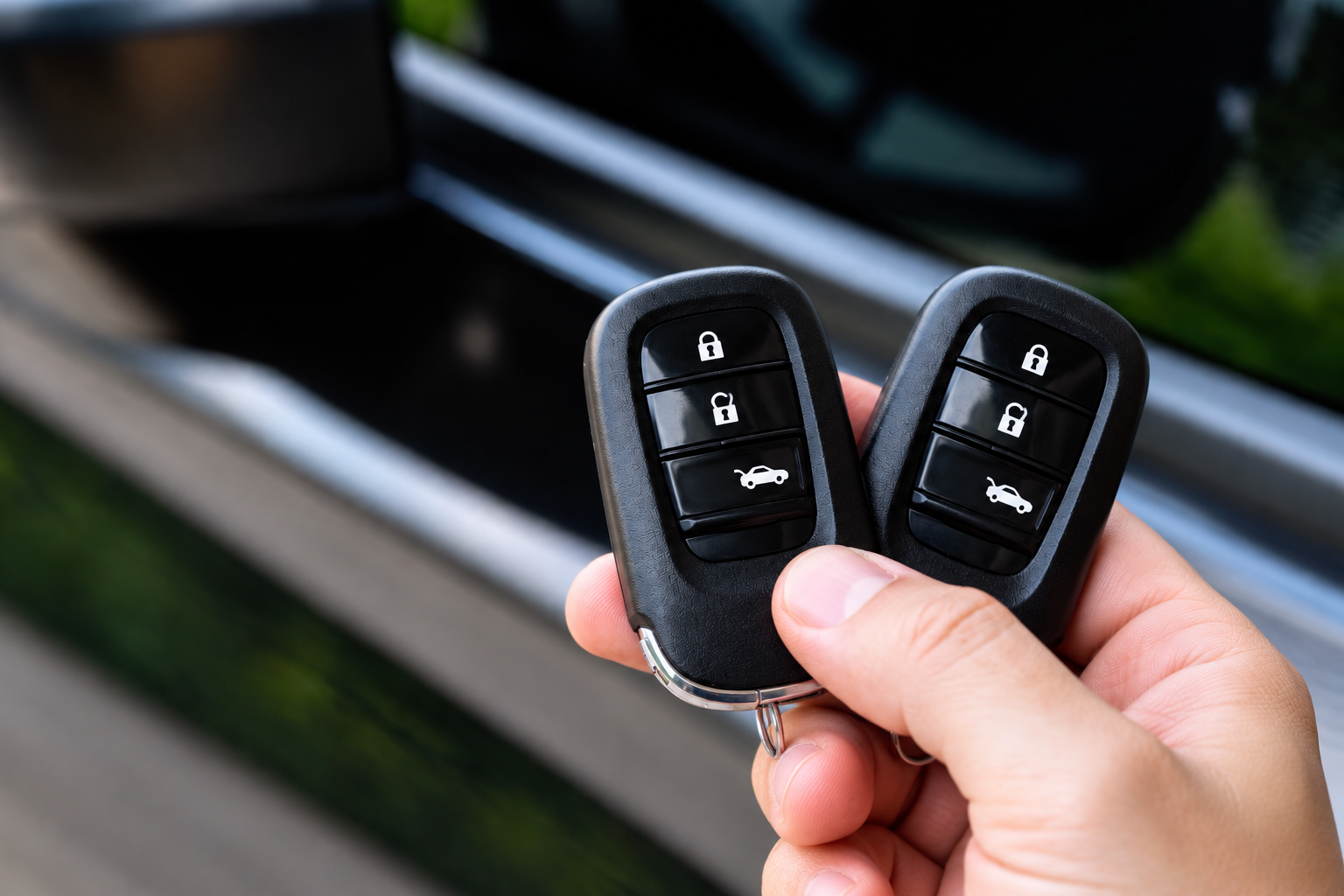 Two car key fobs held in a hand beside a vehicle
